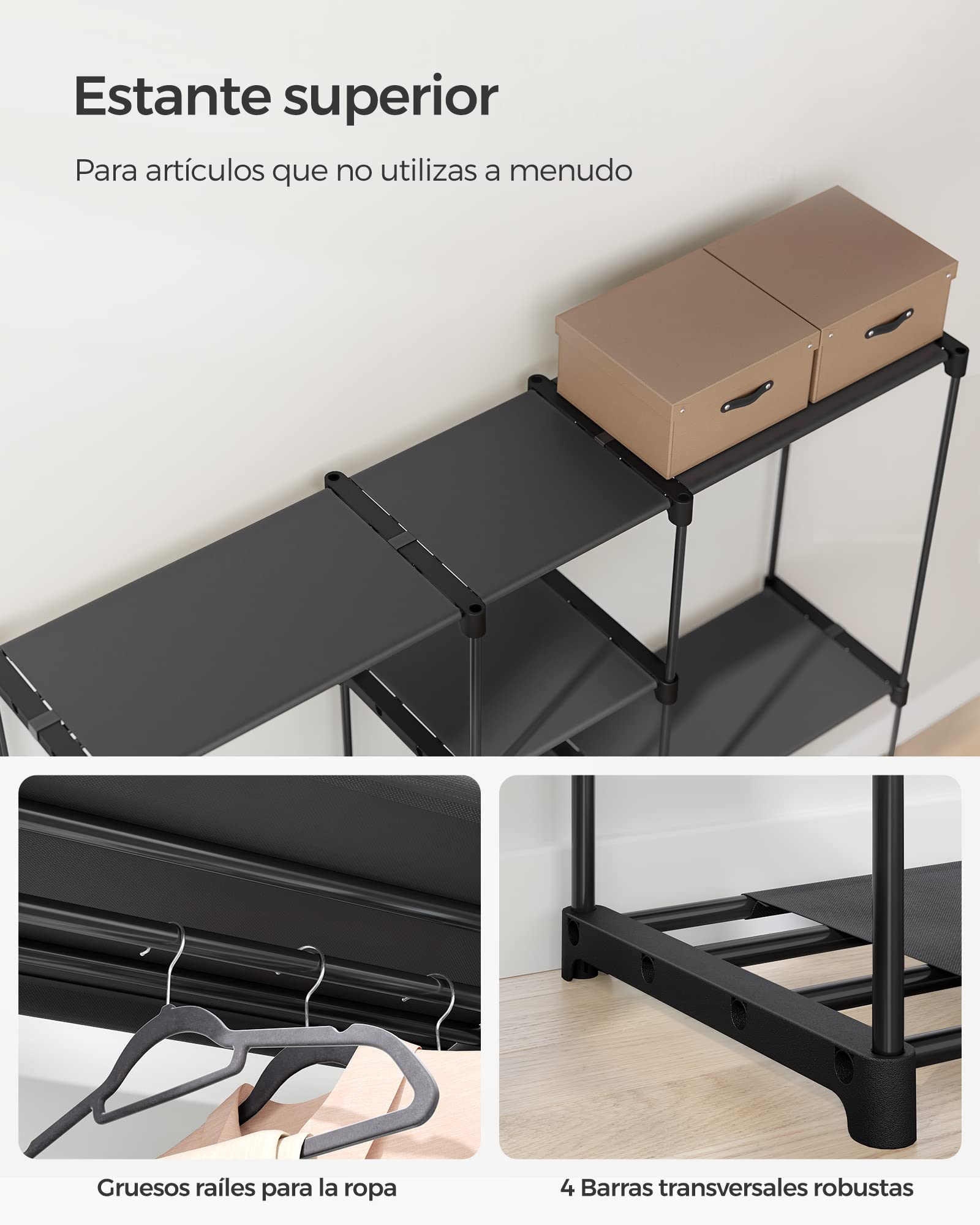 SONGMICS Armario, Perchero, Guardarropa, con Barras, Vestidor, Estantes de Tela, Marco de Metal, 182 x 43 x 182 cm, Negro Tinta RYG037B02