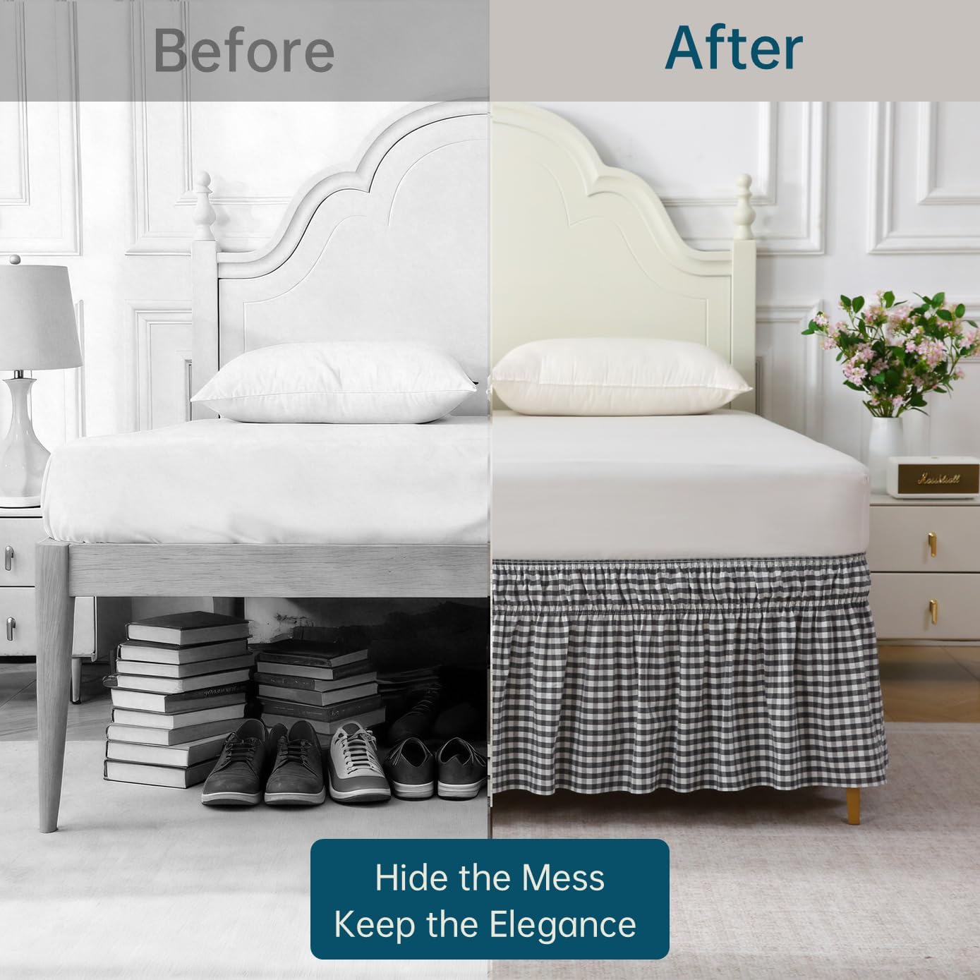 Wrap Around King/Cal King Bed Skirt 16" Drop, Black & White Gingham, 100% Washed Cotton, No-Lift Easy Install, Non-Slip Straps, Farmhouse Style