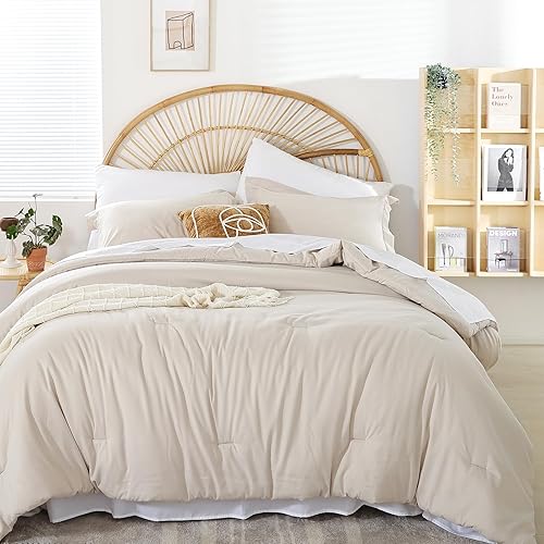 Miniatura 2 de weigelia Juego de edredón individual de 5 piezas beige en una bolsa, suave juego de ropa de cama Queen ligero para mujeres y hombres (edredones,