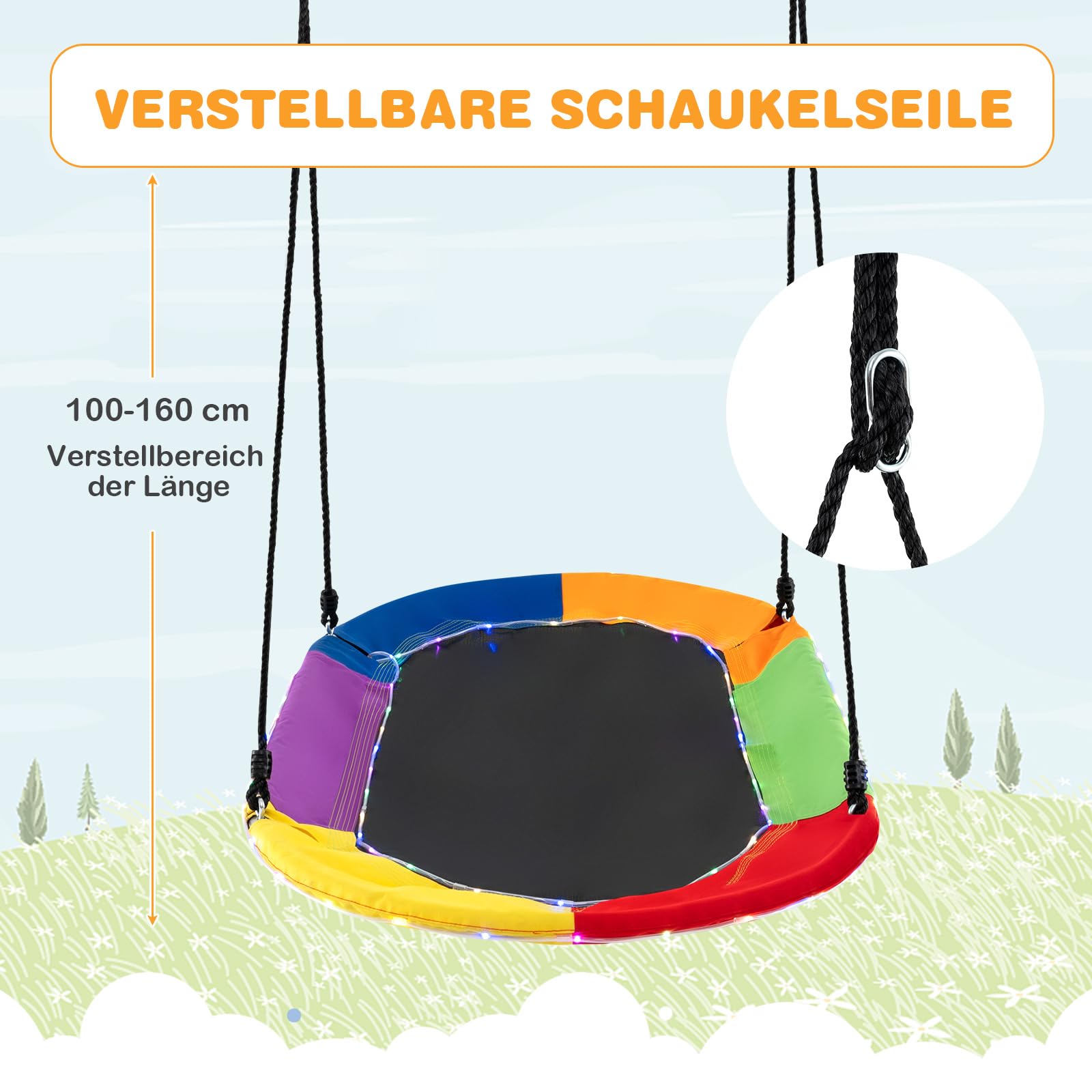COSTWAY Huśtawka gniazdowa owalna ze światełkami, huśtawka outdoorowa wytrzymująca do 300 kg, huśtawka dziecięca z regulowaną liną o długości 120-180 cm, huśtawka drzewna, huśtawka wisząca dla dzieci