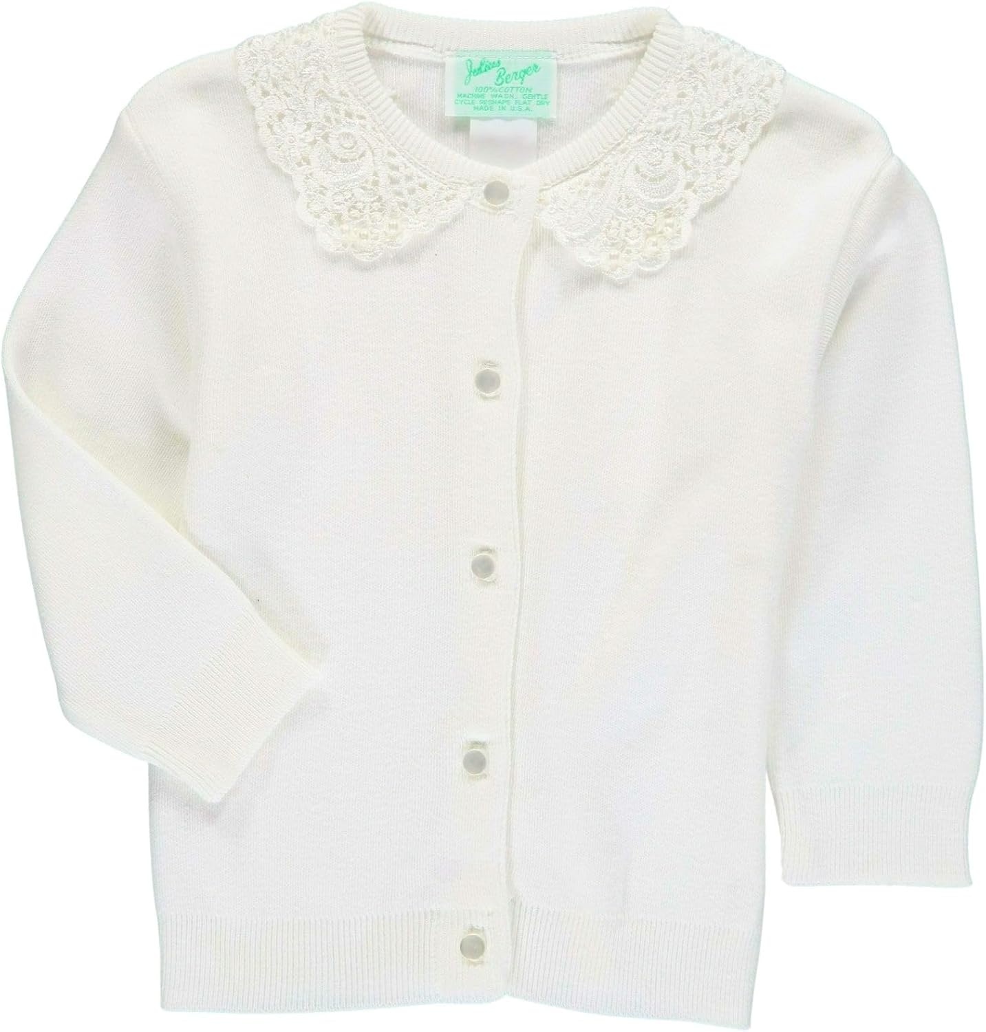 Julius Berger Cotton Cashmere Girl Cardigan White with Lace Collar - Crewneck, Stylish, Girls Sweaters for Any Occasion