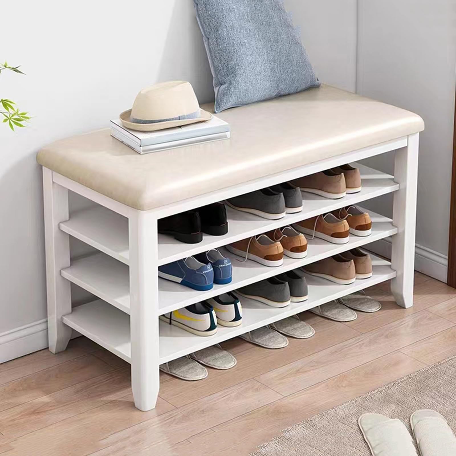 Banc à chaussures en cuir PU et bois massif avec étagère réglable pour l'entrée