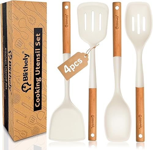 Juego de utensilios de cocina de silicona grande, juego de 4 utensilios de cocina con mango de madera, kit de utensilios de silicona resistentes al disponible en Yaxa Colombia