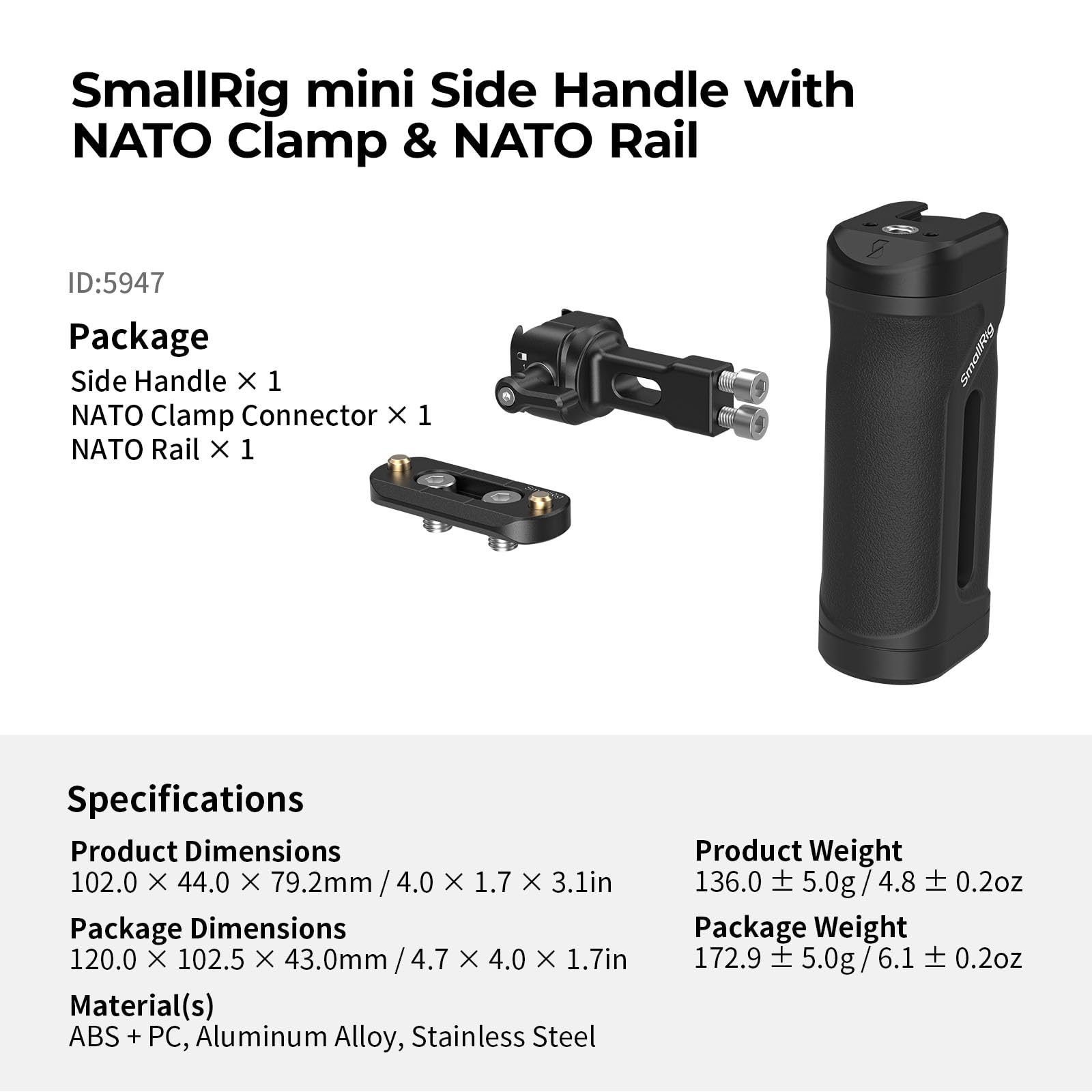 SmallRig Mini Maniglia Laterale con Morsetto NATO e Guida NATO, Regolabile in Altezza e in Profondità, con Slitta Integrata e Foro Filettato, Carico Massimo 10 kg / 22 libbre - 5947