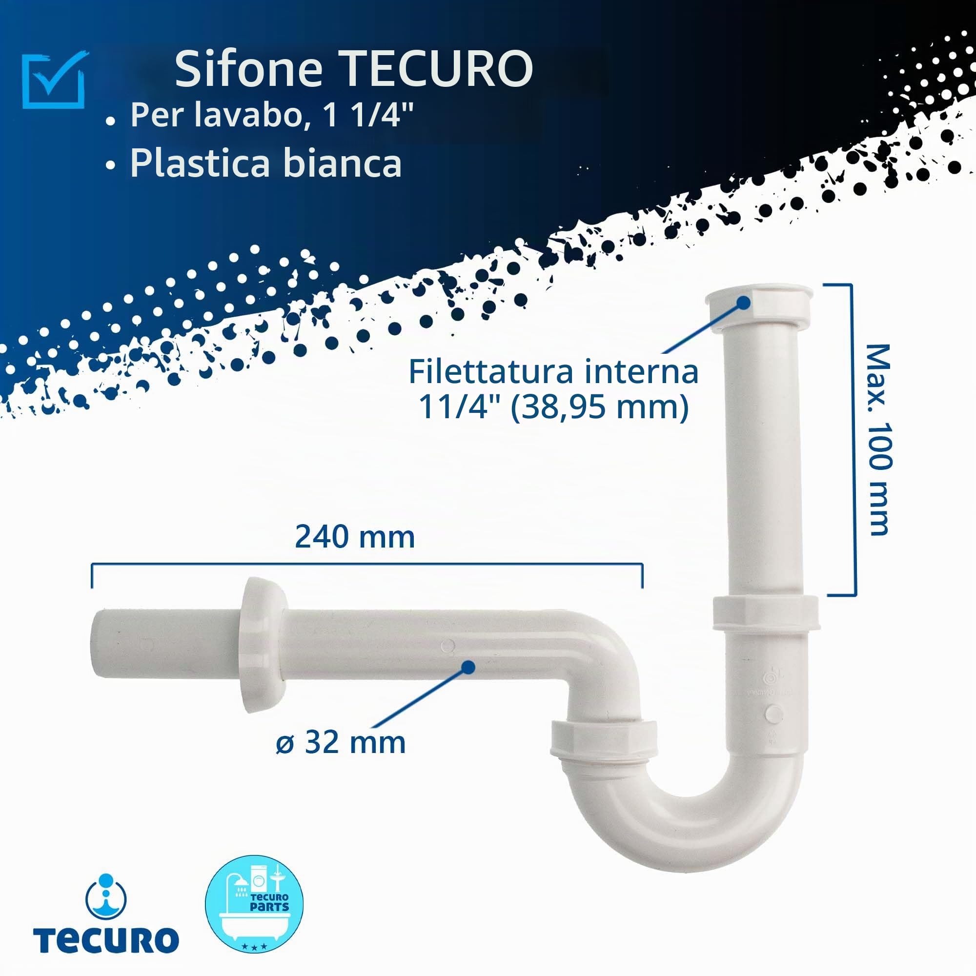 tecuro, 1 sifone tubolare con curvatura antiodore 1/4" per lavabo, in plastica, bianco