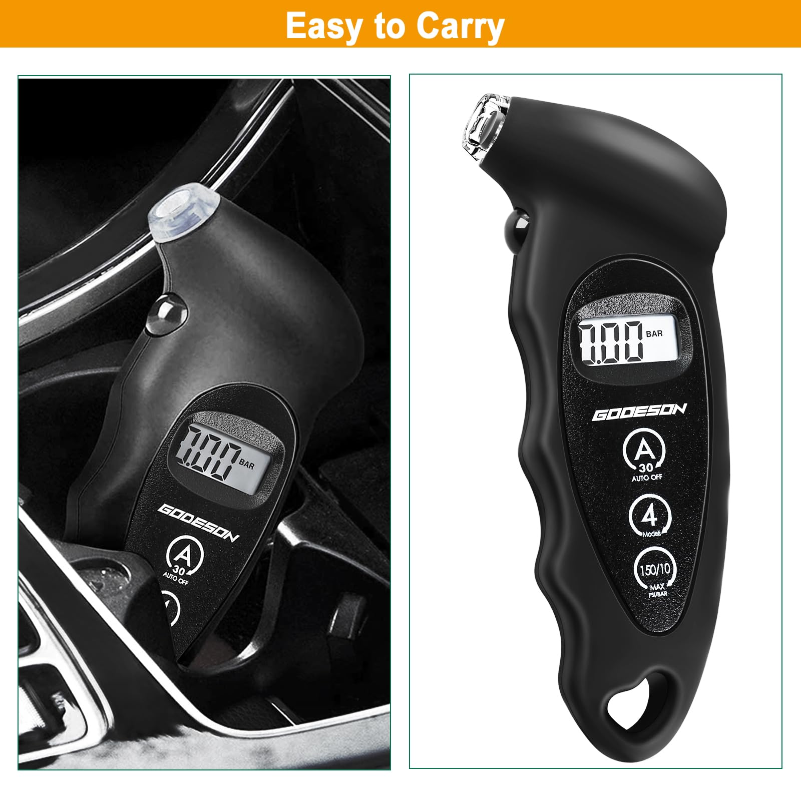 GODESON Manometro digitale per pneumatici, 150 psi, 10 bar, 4 impostazioni, accessorio per auto con LCD retroilluminato, manometro per pneumatici adatto per auto, camion, biciclette, moto
