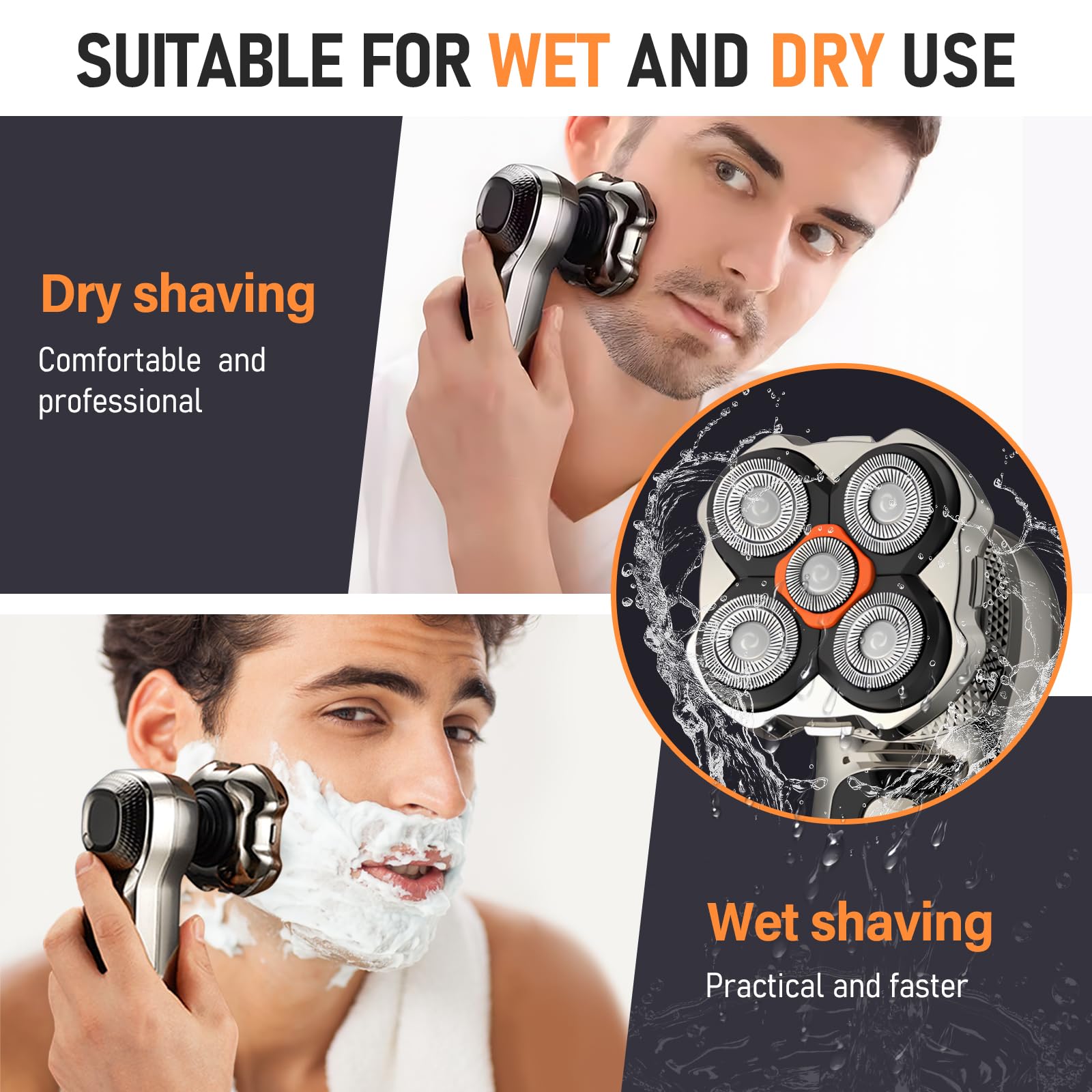 Journeyside Rasoio Testa Calva Uomo 6 in 1, 5D Rasoio Testa Calva Uomo, Uso Asciutto e Bagnato,Rasoio Elettrico Barba Senza Fili, Impermeabile IPX6, Display LED, Adatto per Capelli, Barba,Naso