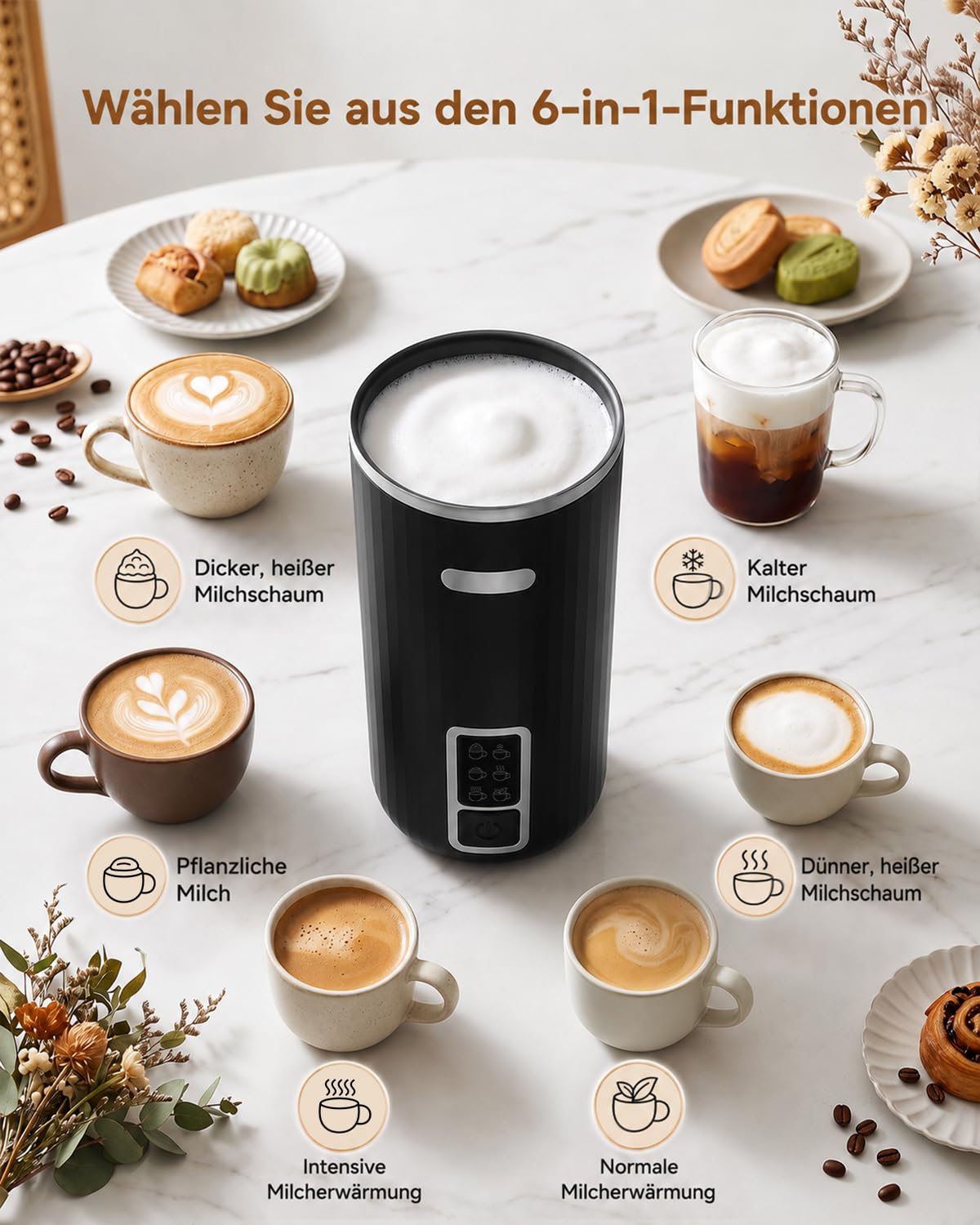 VIOWEY Espumador de leche eléctrico 6 en 1 – Espumador de leche automático de 250 ml, gran capacidad, apagado automático, funcionamiento silencioso, adecuado para espuma de leche caliente y fría