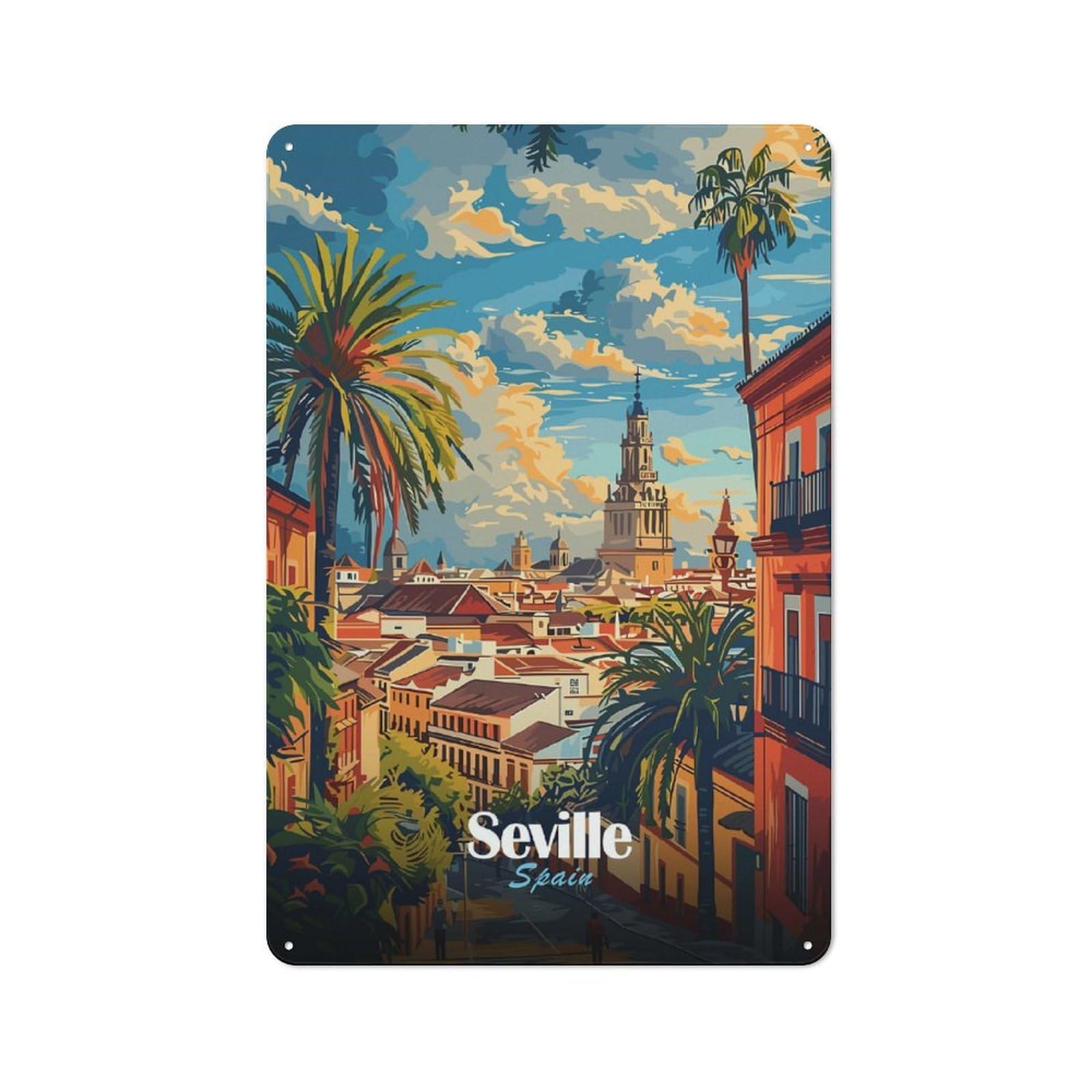 Seville Cityscape Decorative Metal Plaque 30x20cm, Shop Front Style Bistro Wall Plaque for Tea Room, Shop Wall Or Breakfast Area
