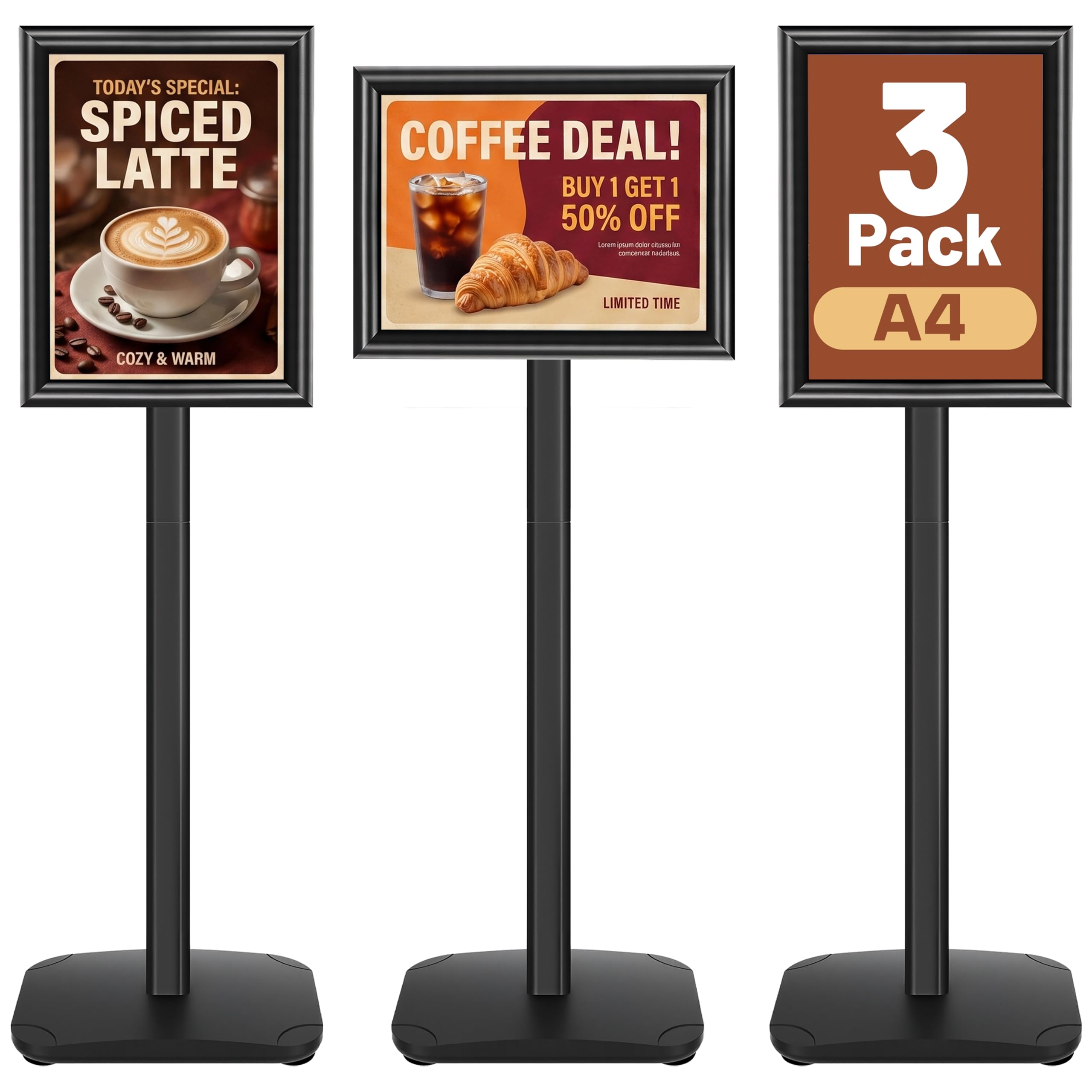 VAIIGO A4 Sign Holder Stand 3Pack - Heavy Duty Floor Standing Poster Display Stand with Snap Frame for Menu Holder, Outdoor Signage, Welcome Sign - Black