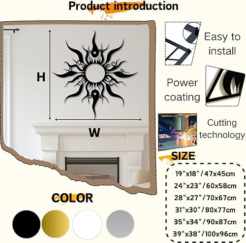 Miniatura 3 de Hotuijxca Arte de pared de sol loco de metal, decoración de metal con sol loco para sala de estar, dormitorio (negro, 28 x 27 pulgadas27.6 x 26.4