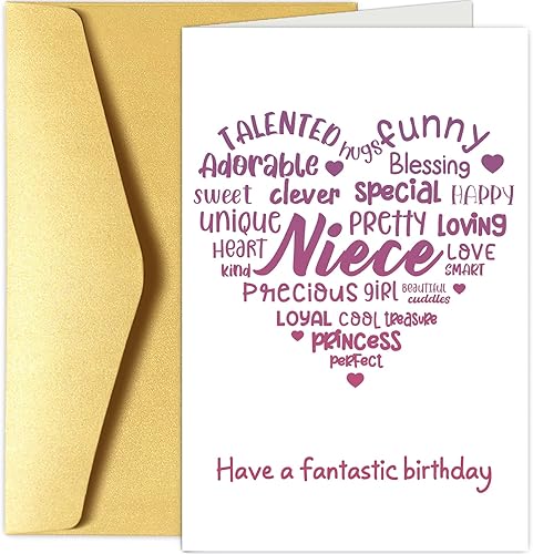 Chenive Tarjeta de cumpleaños de dulce sobrina, adorable tarjeta de cumpleaños de tía tío, tarjeta de felicitación de cumpleaños de alabanza