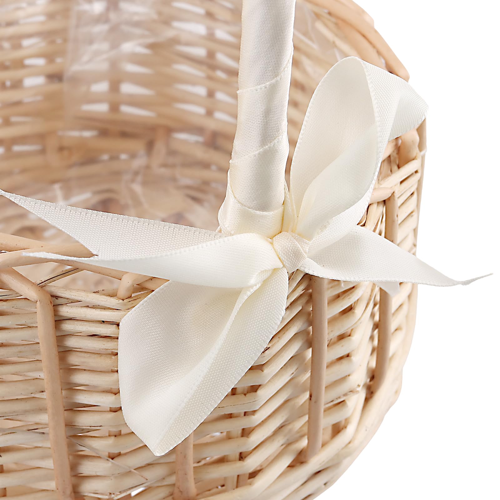 FUNSUEI 2 Stück Blumenkorb Hochzeit mit Schleife, 15 x 19 cm Blumenkörbe Blumenmädchen Korb, Klein Rattan Geflochtener Blumenkorb mit Henkel für Deko, Hochzeit