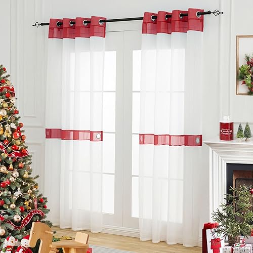 Miniatura 2 de 2 paneles de cortinas traslúcidas para sala de estar, blanco y rojo, cortinas cortas para dormitorio con alzapaños en la parte superior, paneles de