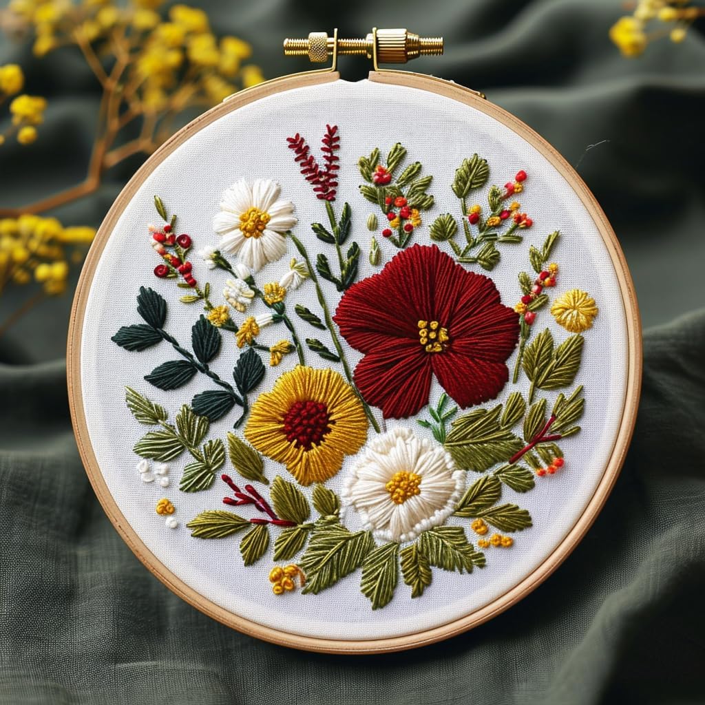 Bonroy Embroidery Kit for Beginners with Instructions,Cross Stitch Kits for Adults with Pattern,Needlepoint Kits for Adult Include Embroidery Cloth Hoops Needles Threads (flowers2)