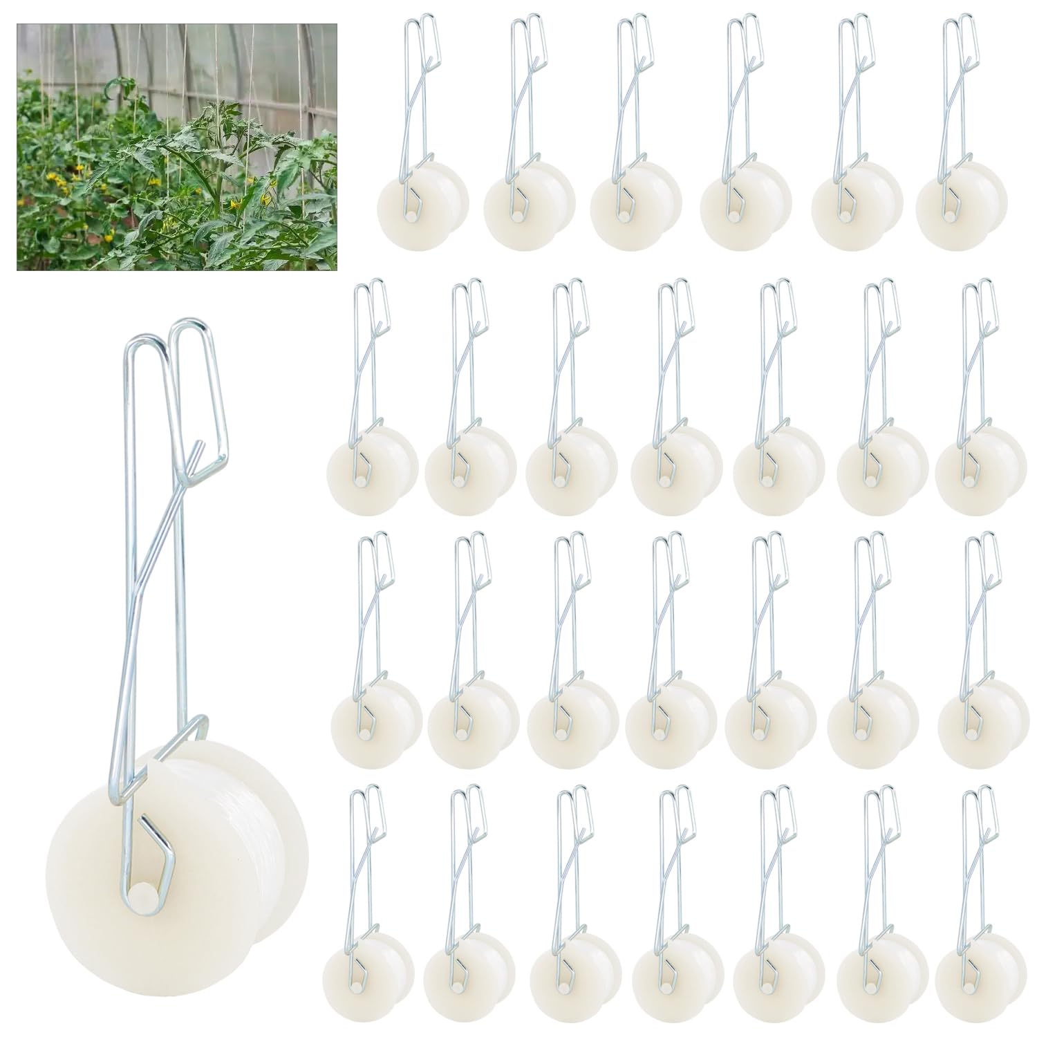 Paquete de 40 ganchos de rodillo de tomate con cuerda de 49.2 pies, kit de enrejado de invernadero para tomate, planta, invernadero, enredadera de flores, kit de enrejado para plantas