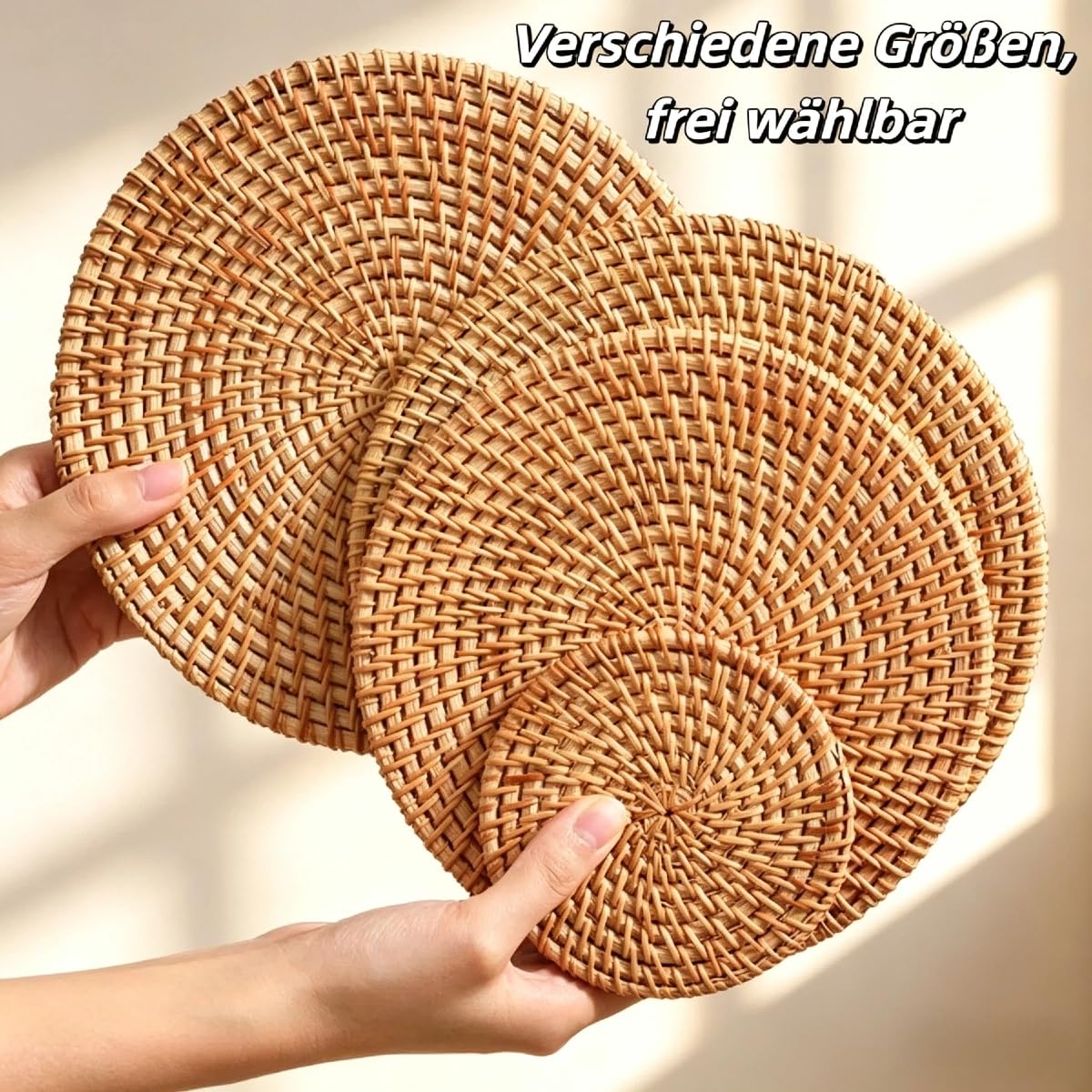 Runde Rattanuntersetzer handgeflochten | 6er Set (13–25 cm, 6 Größen) | hitzebeständig & rutschfest | waschbar & pflegeleicht | Topfuntersetzer Tassenuntersetzer für Küche Esstisch (Ø25cm,6)