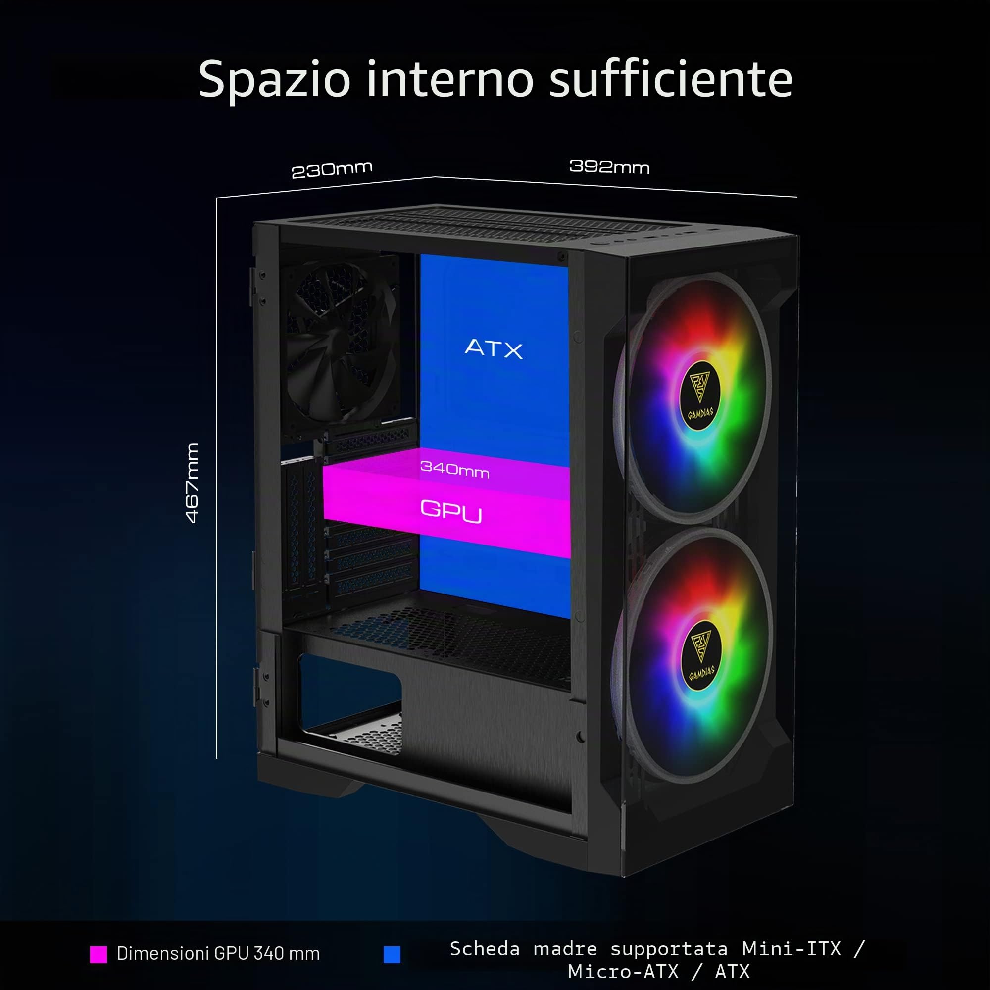GAMDIAS APOLLO E2 Elite Gaming PC case, Mid-Tower ATX, pannello in vetro temperato, 3 doppie ventole ARGB integrate da 200 mm, finestra di installazione senza attrezzi, supporta schede madri fino a