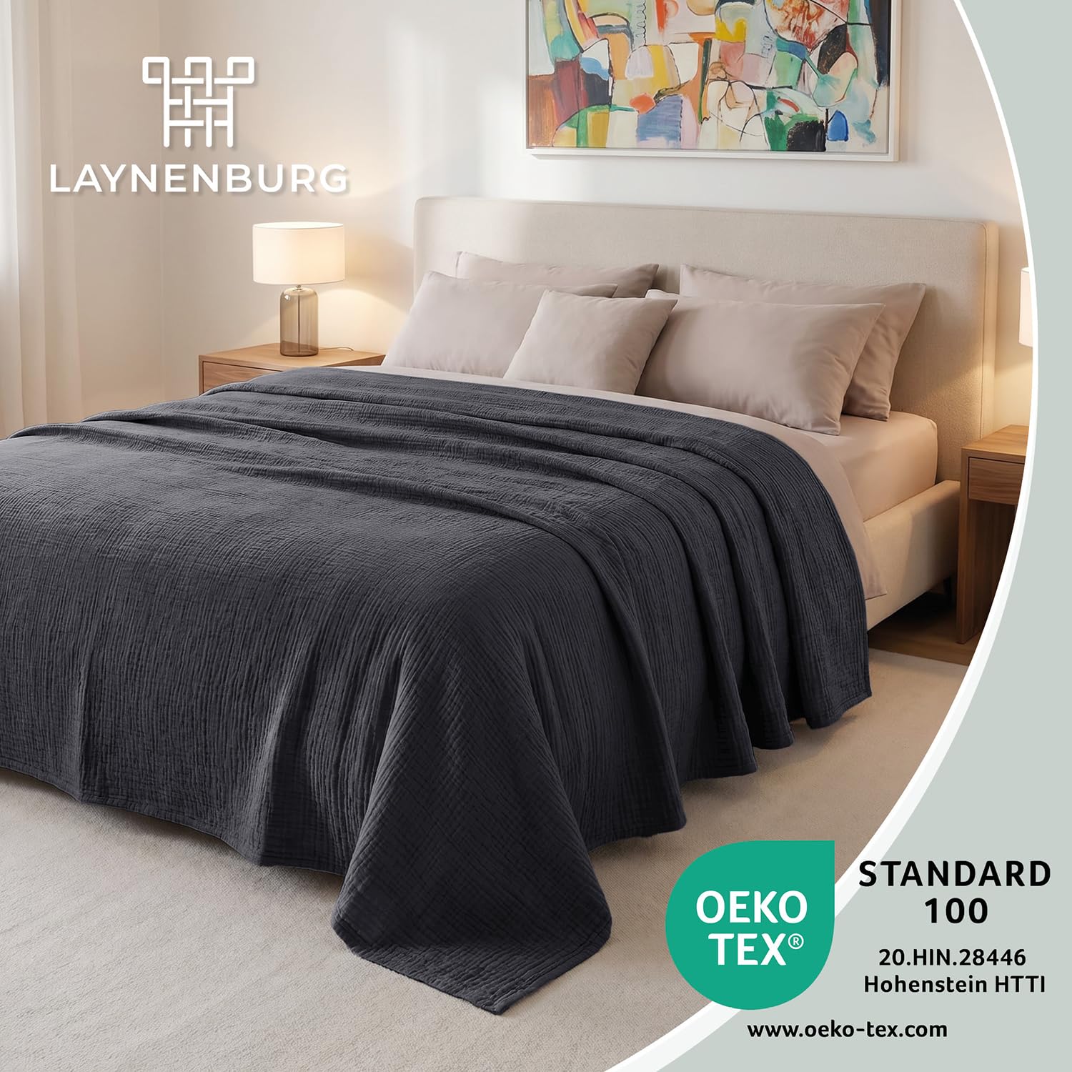 LAYNENBURG Premium Plaid canape Grande Taille en Mousseline 100% Coton – Couvre lit Respirant 4 Couches, Plaid Grande Taille, Jeté de canapé - Couverture légère 150x200 cm de Anthracite