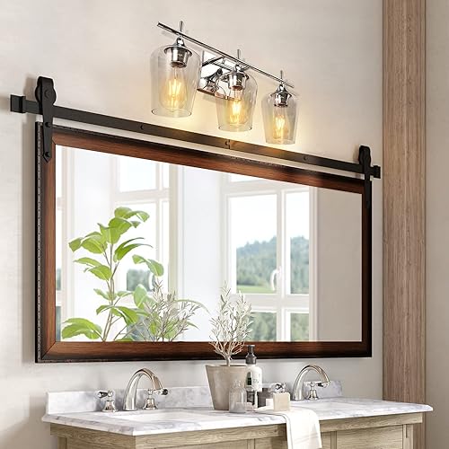 Miniatura 5 de Lámparas de tocador, 2 lámparas de baño de latón cepillado sobre espejo con pantalla de vidrio transparente, modernos apliques de pared para baño,