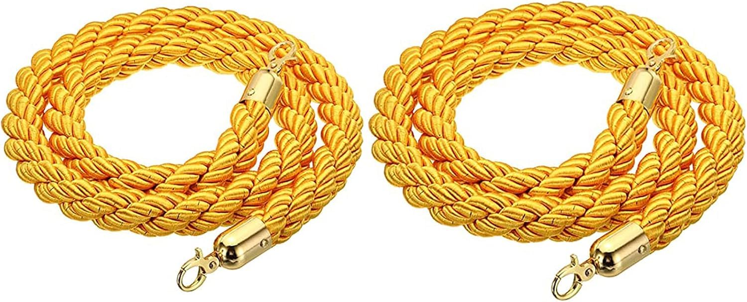 Corda barriera gialla in nylon intrecciato con ganci dorati per eventi