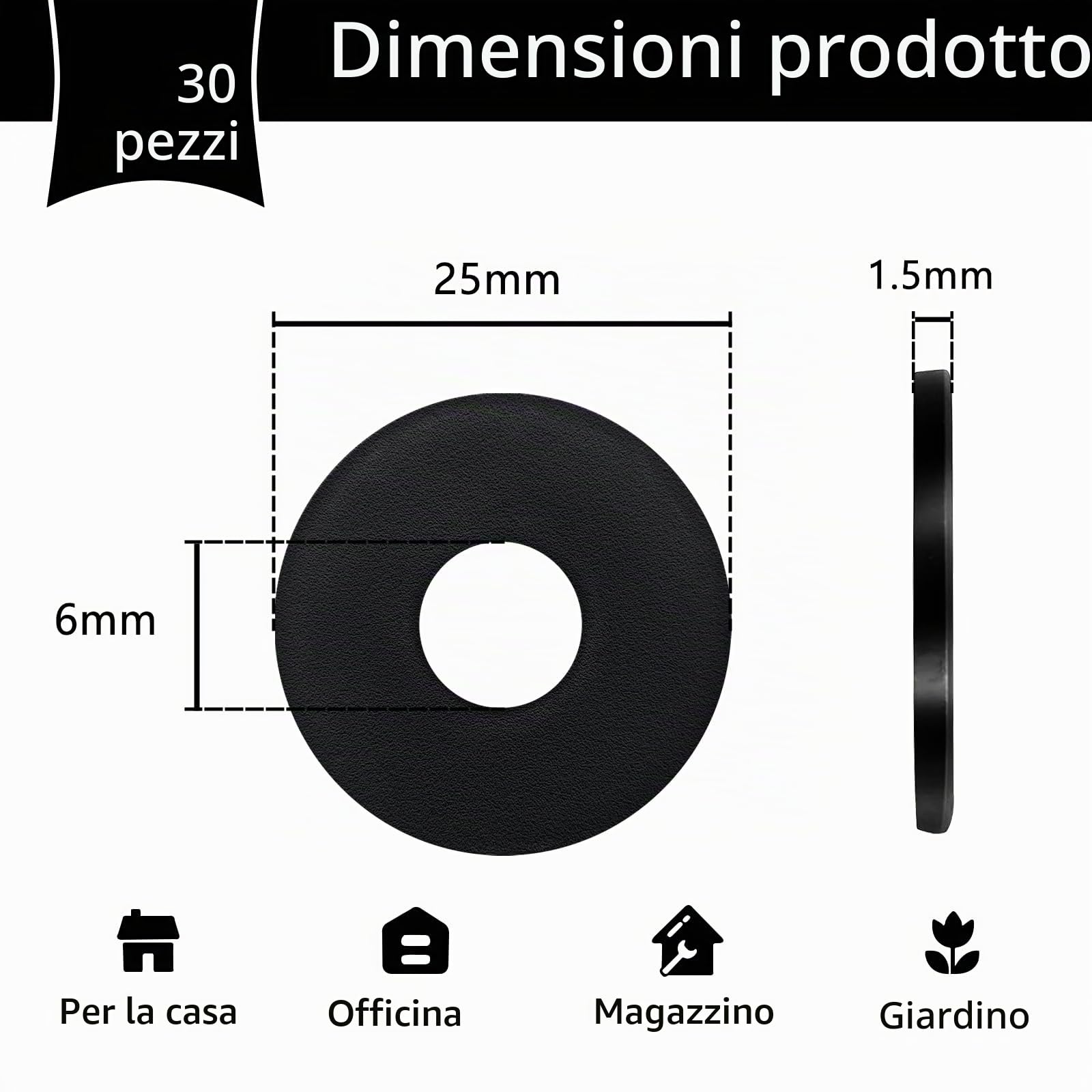 30 Pezzi M6 Rondelle Acciaio, M6 x 25 Rondelle Piatte | Rondelle Acciaio Inox Nero, Rondella Piatta Distanziatori Rotondi in Metallo per Viti, Bulloni, Dadi