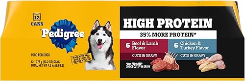 Pedigree High Protein - Alimento húmedo suave para perros adultos, cordero de ternera y pollo pavo en salsa, latas de 13.2 onzas (12 unidades,