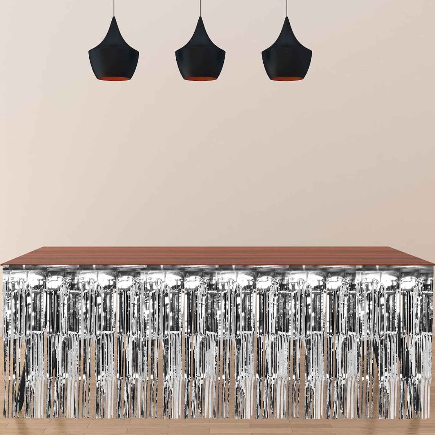 Silver Foil Fringe Table Skirt Disposable Rectangle Table Decoration with Metallic PVC Material for Party Decoration and Birthday Party Use