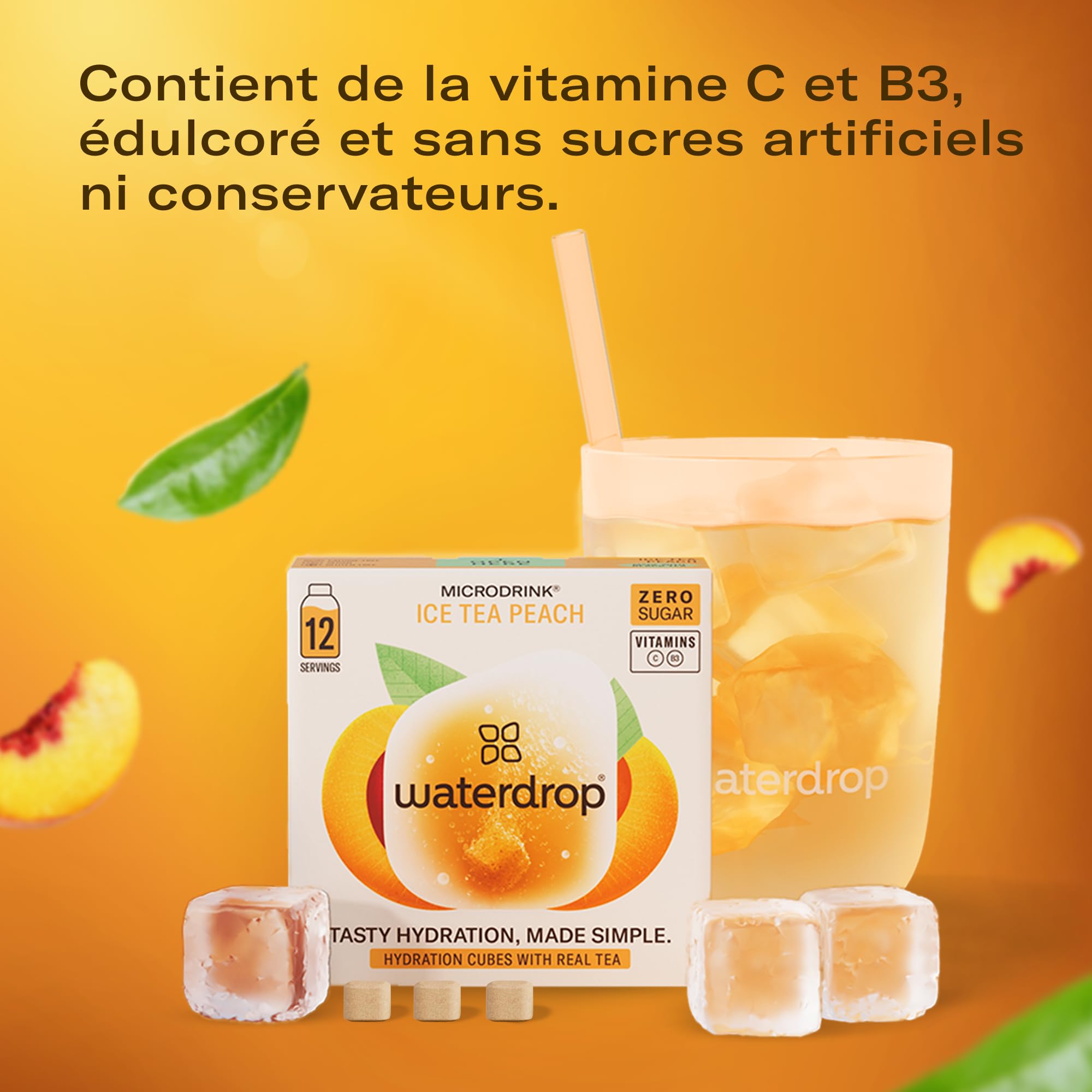 waterdrop® Thé Glacé Pêche, 36 cubes d'Ice Tea Sans Sucre, Saveur Thé Noir + Pêche, Pastilles d'eau aromatisées pour boissons, Extraits naturels de fruits et de plantes, Enrichi en vitamines