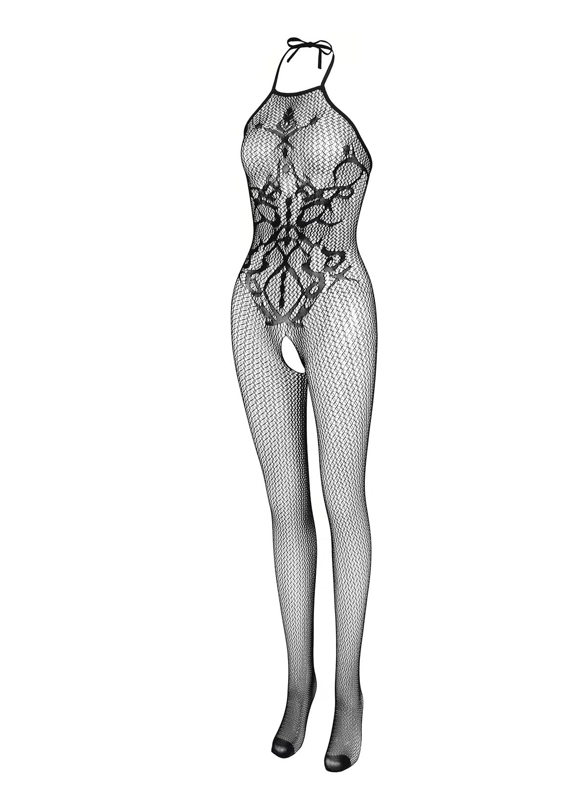 Women Sexy Seamless Opaque Tattoo Halter Neck Bodystocking