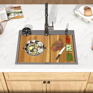 28 Inch Drop In Kitchen Sink Workstation SS304 Gunmetal Black