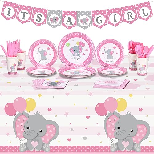 171 piezas temáticas de elefante, decoración para baby shower para niñas, pancartas con plato rosa, servilletas, vasos, tenedores desechables, juego