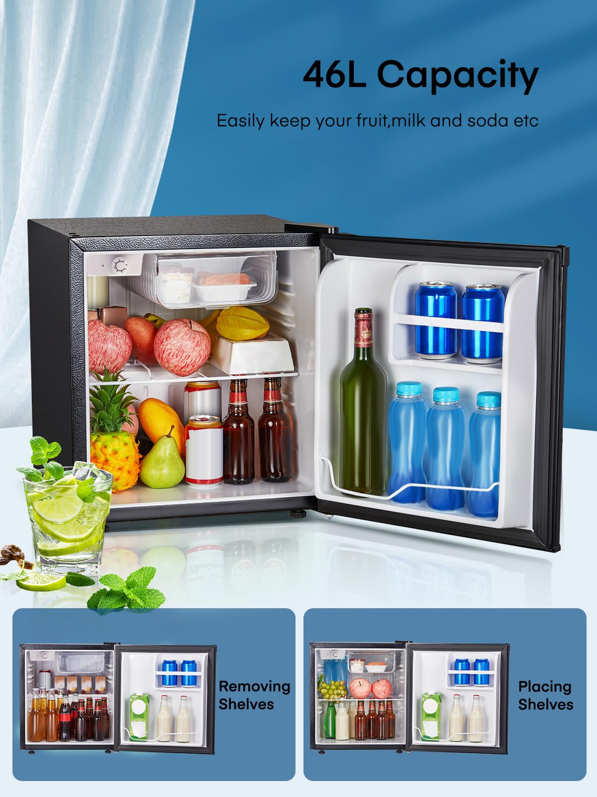 FOHERE Mini Frigorífico Bar 46L, Nevera Pequeña Silencioso, Control de Temperatura Regulable, Mono Puerta, Puerta Reversible, Bajo Consumo para Aplicaciones en Hotel, Hogar, Oficina, Negro