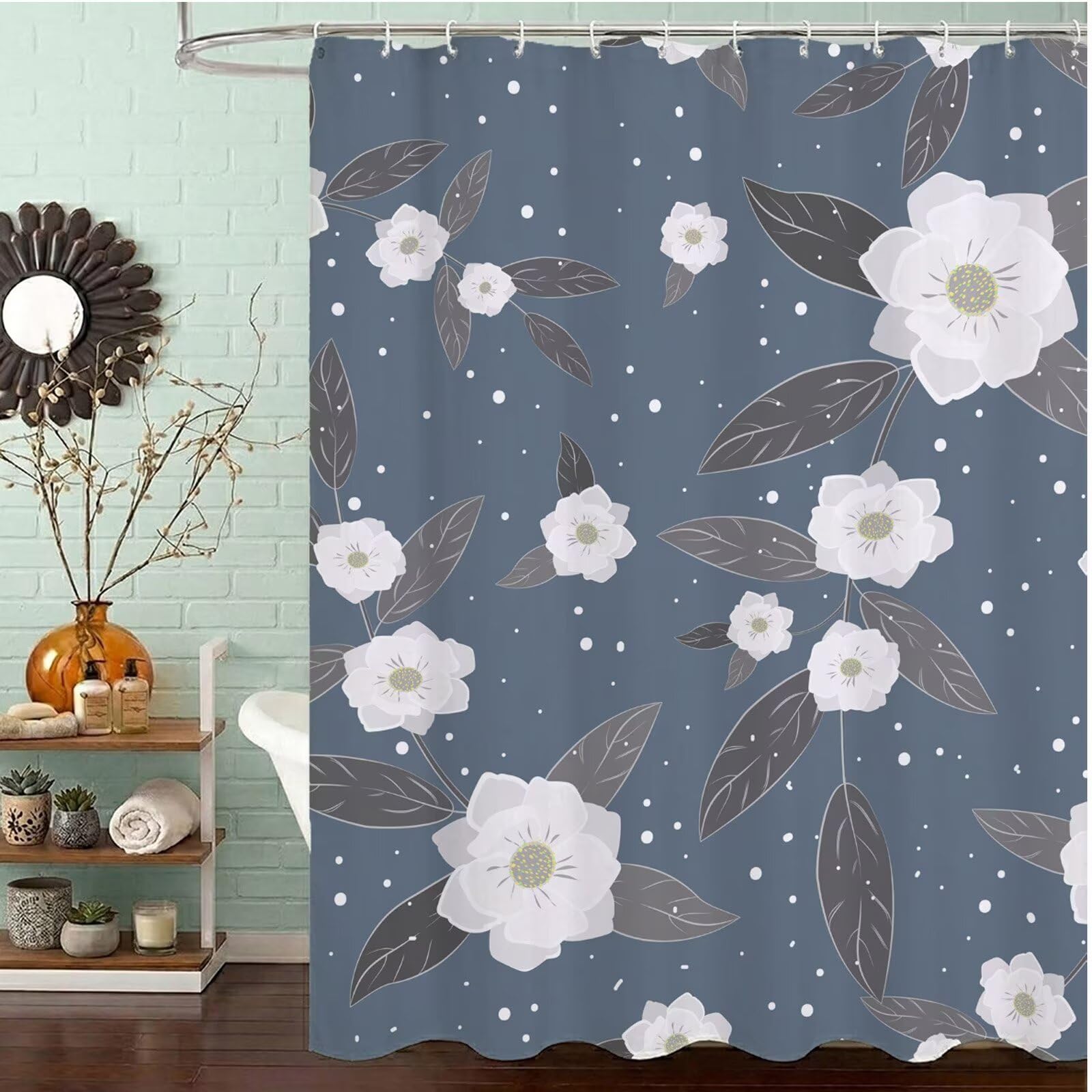 Wasserdichter Duschvorhang Anti-Schimmel 240x200 cm, Waschbar Schnelltrocknend Textil Stoff Polyester Duschvorhang Grau Shower Curtain mit Gewicht und 12 Duschvorhängeringen für Badewanne, Weiß J8-349