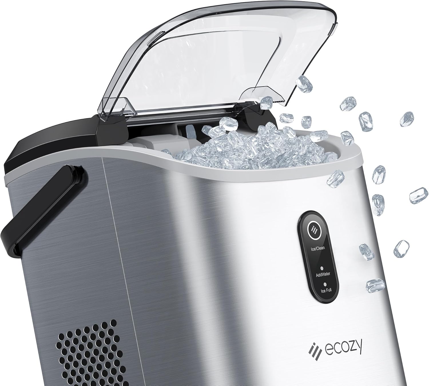 ecozy Nugget Ice Maker Countertop with Handle, Pebble Ice in 5 Mins, 33 lbs Per Day, Self-Cleaning Ice Machine with Ice Bags and Scoop, Portable Ice Maker for Kitchen, Bar, Parties, Camping, RV Stainless Steel Nugget Ice Maker