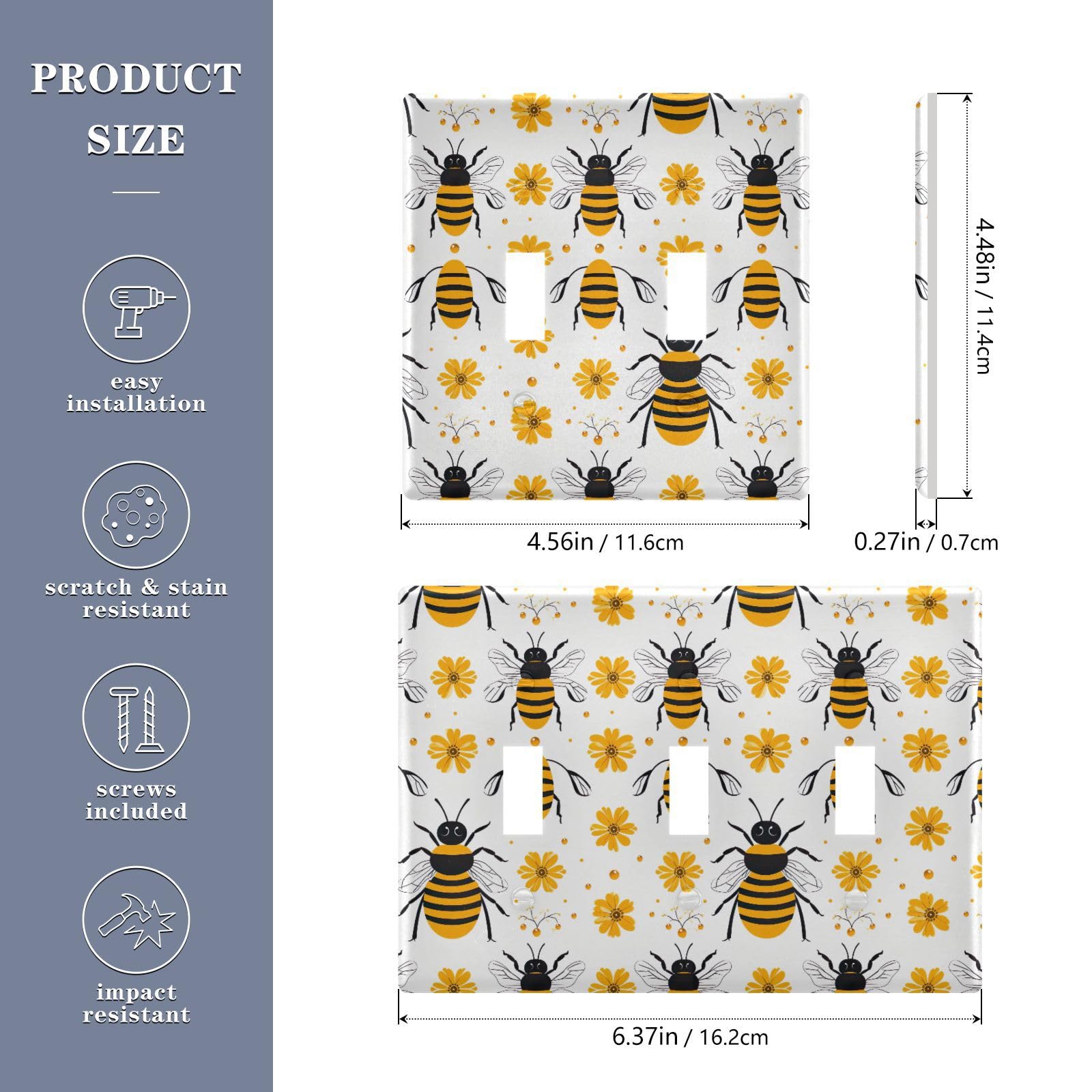 Light Switch Cover Cute Bee Wall Plates for Electrical Outlets 3 Gang 202a8832