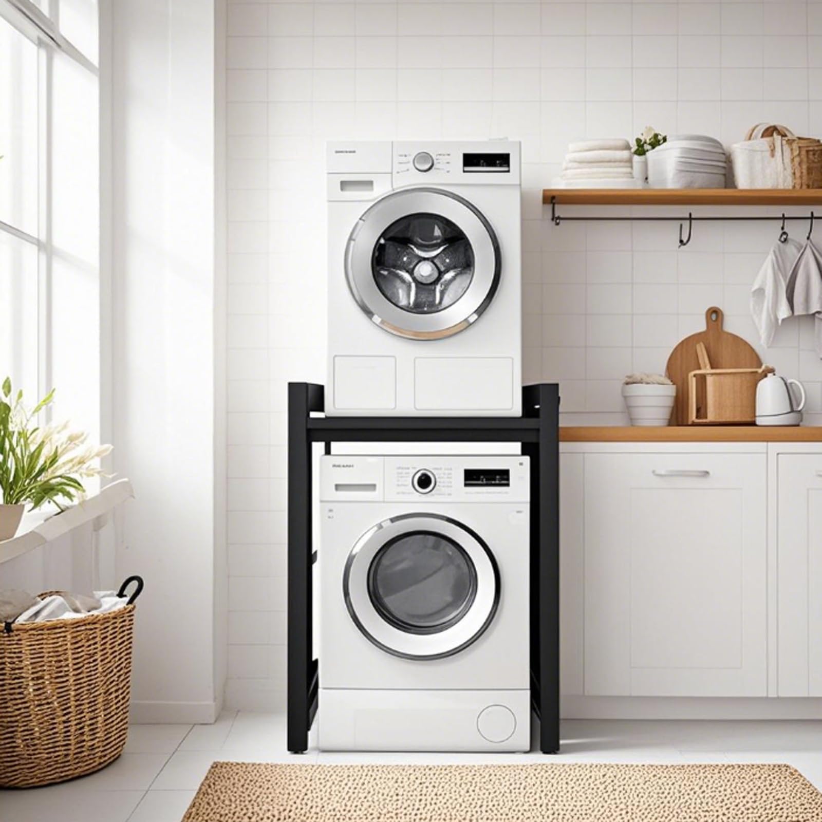 Fkkprvax Black Tumble Dryer Stacking Kit Height Adjustablemetal Frame Washing Machine Stacking Kits 800Kg Load, Suitable For Front Mounted Washing Machine Storage Racks In Home Bathrooms (, 29.52*25.59*41.33In)