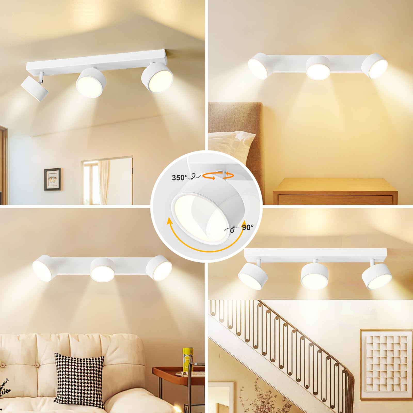 Plafoniera Lampada da Soffitto LED 3 Faretti, 18W Faretti da Soffitto Bianco Plafoniera Orientabili LED Bianco Caldo Faretto da Parete Moderna 3 Luce per Soggiorno Cucina Cameretta