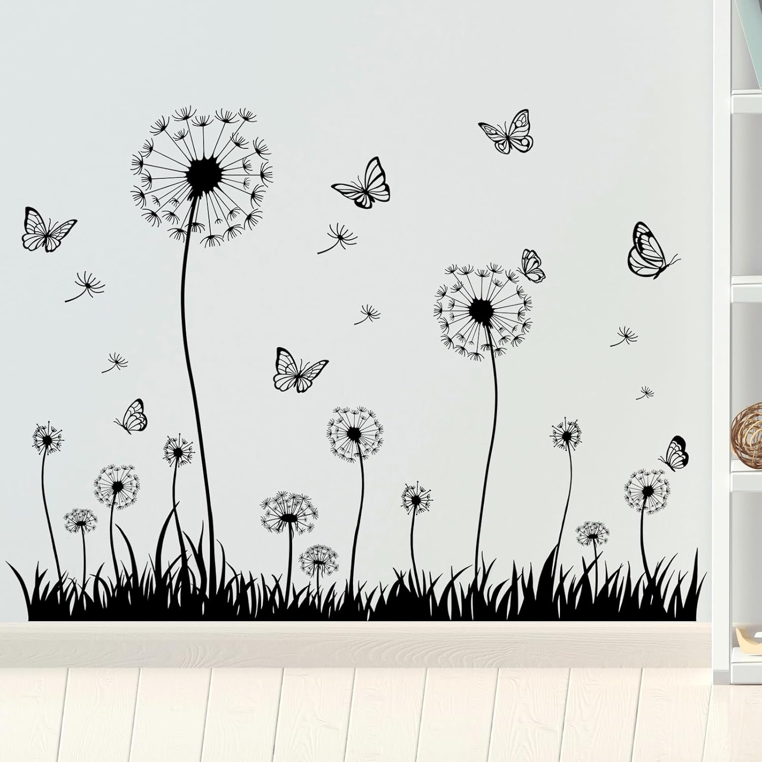 Dandelion and Butterfly Wall Decals Removable Black and White Nature Vinyl Stickers for Nursery Living Room and Bathroom Decor Peel and Stick Minimalist Botanical Wall Art