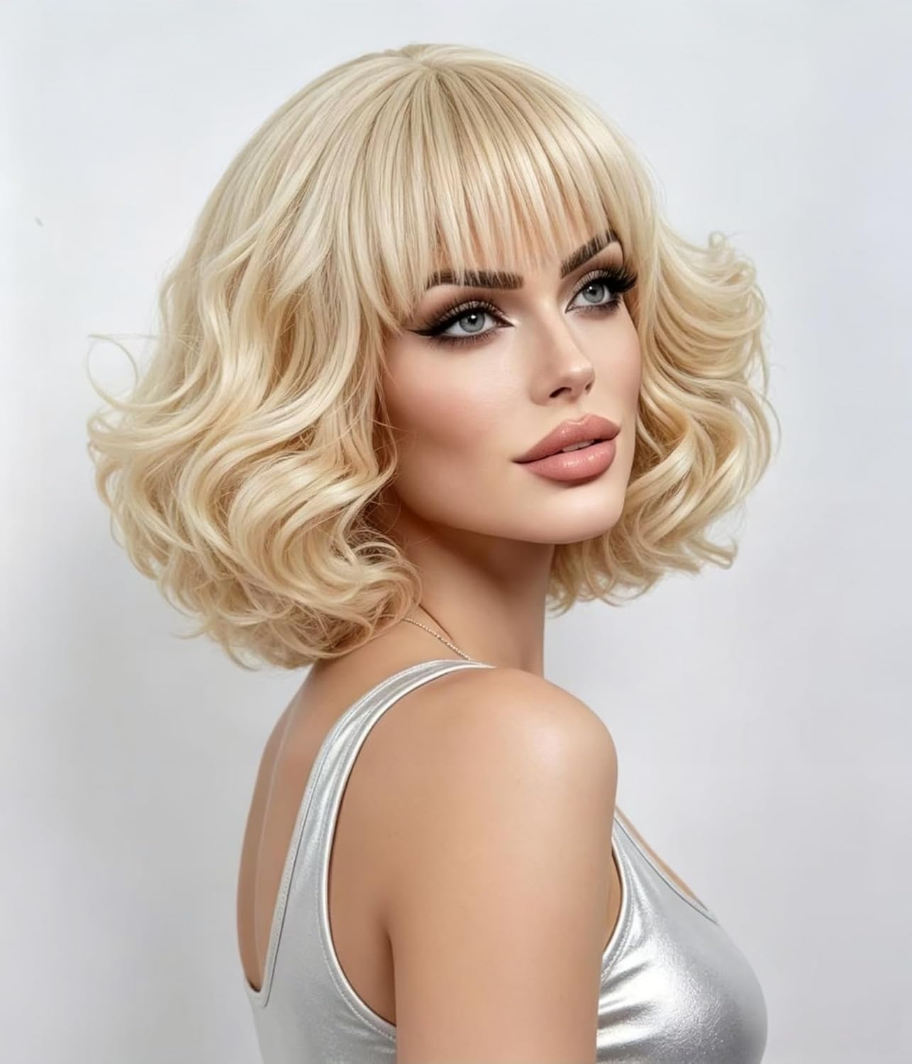 Rugelyss Short Curly Wavy Blonde Wig with Bangs Synthetic Hair Wigs for Women for Cosplay or Party