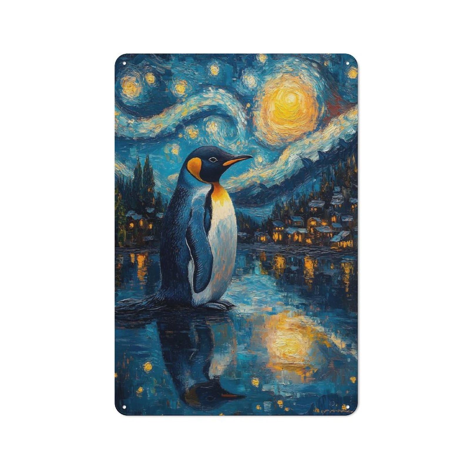 Junmoney Penguin Under Starry Night Shed Metal Sign With Design 30X20cm, Outdoor Room Utility Space Decor For Greenhouse, Garden Room, Cafe Or Entryway
