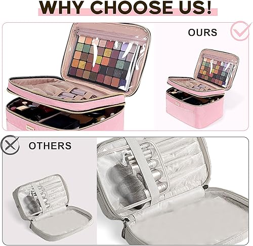 Miniatura 4 de BAFAMYE Bolsa de maquillaje de viaje de doble capa para mujer, estuche grande para cosméticos, organizador para accesorios de tamaño de viaje,