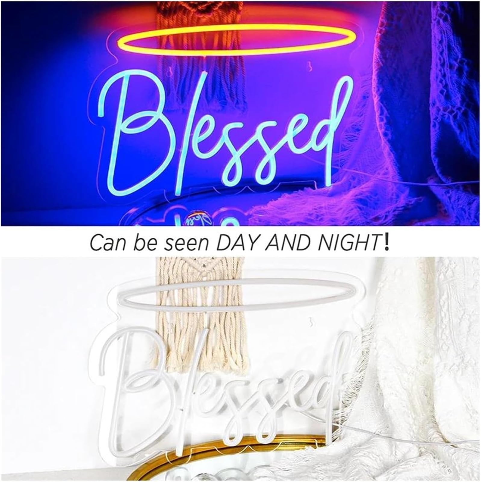 Insegna al neon con lettere colorate per interni, blu, benedetta per parete, alimentata da