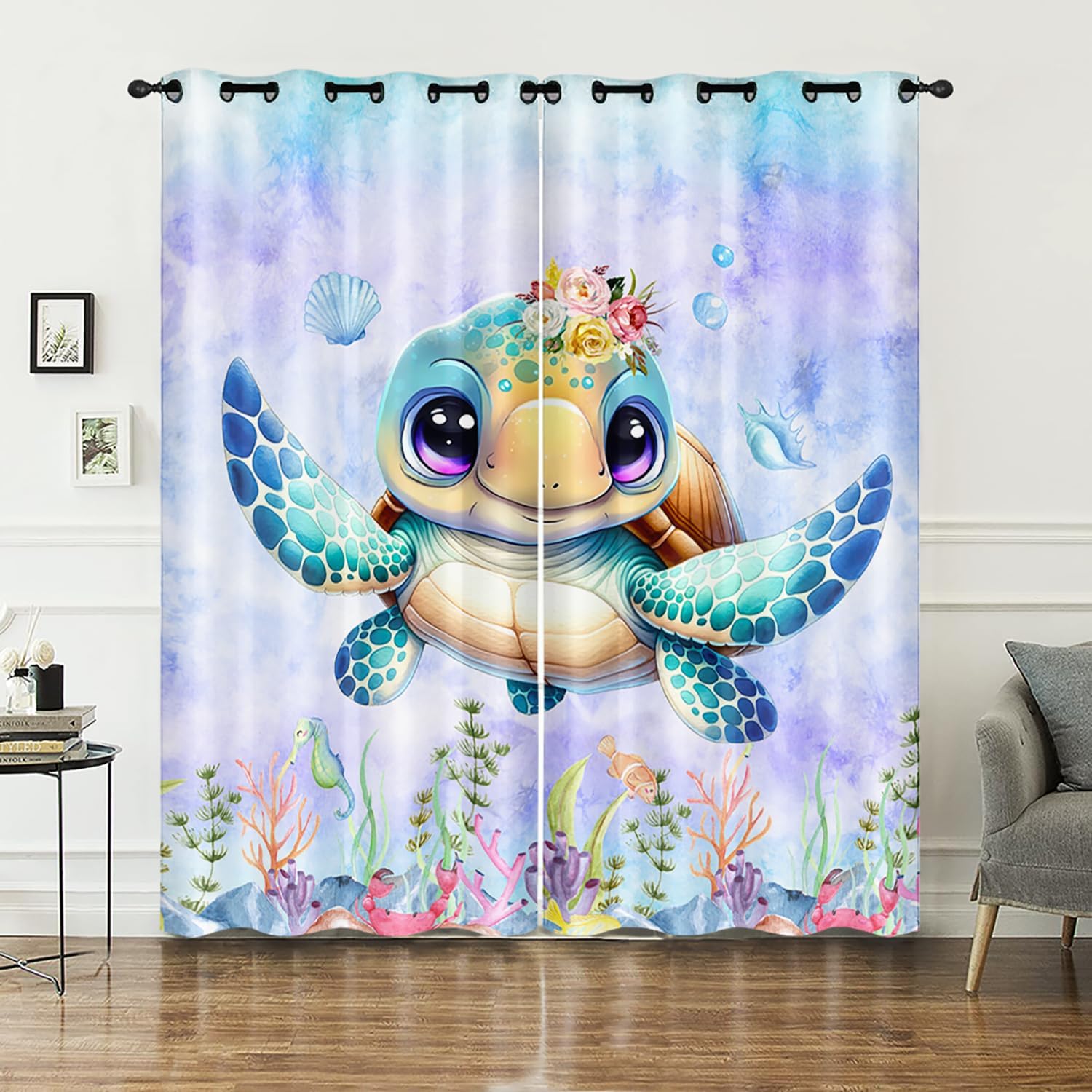 AILONEN Sea Turtle Curtains for Kids, Cute Ocean Turtle Window Treatments Drapes with Grommets,Kawaii Animal Kids Window Curtains for Boys Girls Bedroom Living Room 52" W x 63" H