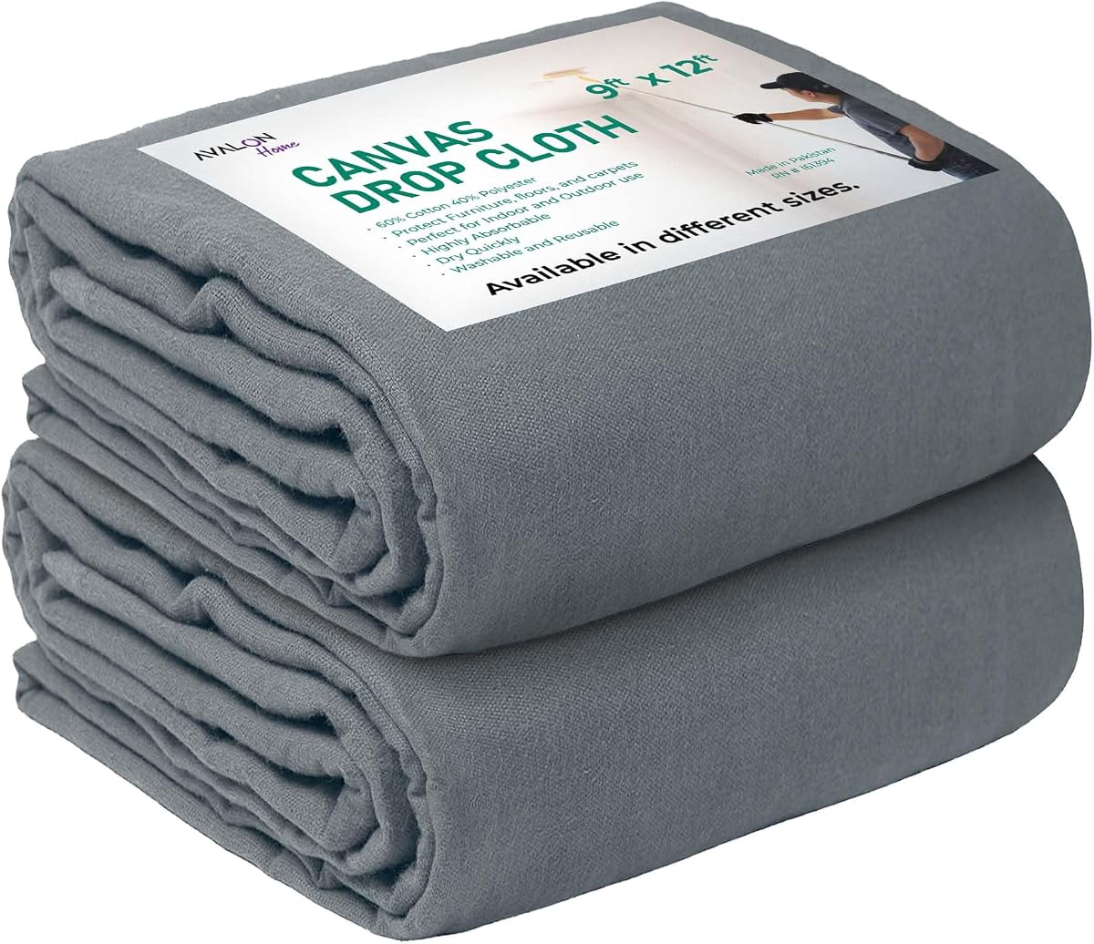 Paño de lona para pintar, 9 x 12 pies, paquete de 2 paños de pintura para pintores de 8 oz, lonas de lona multiusos para protección de pisos y muebles, tela de algodón reciclado