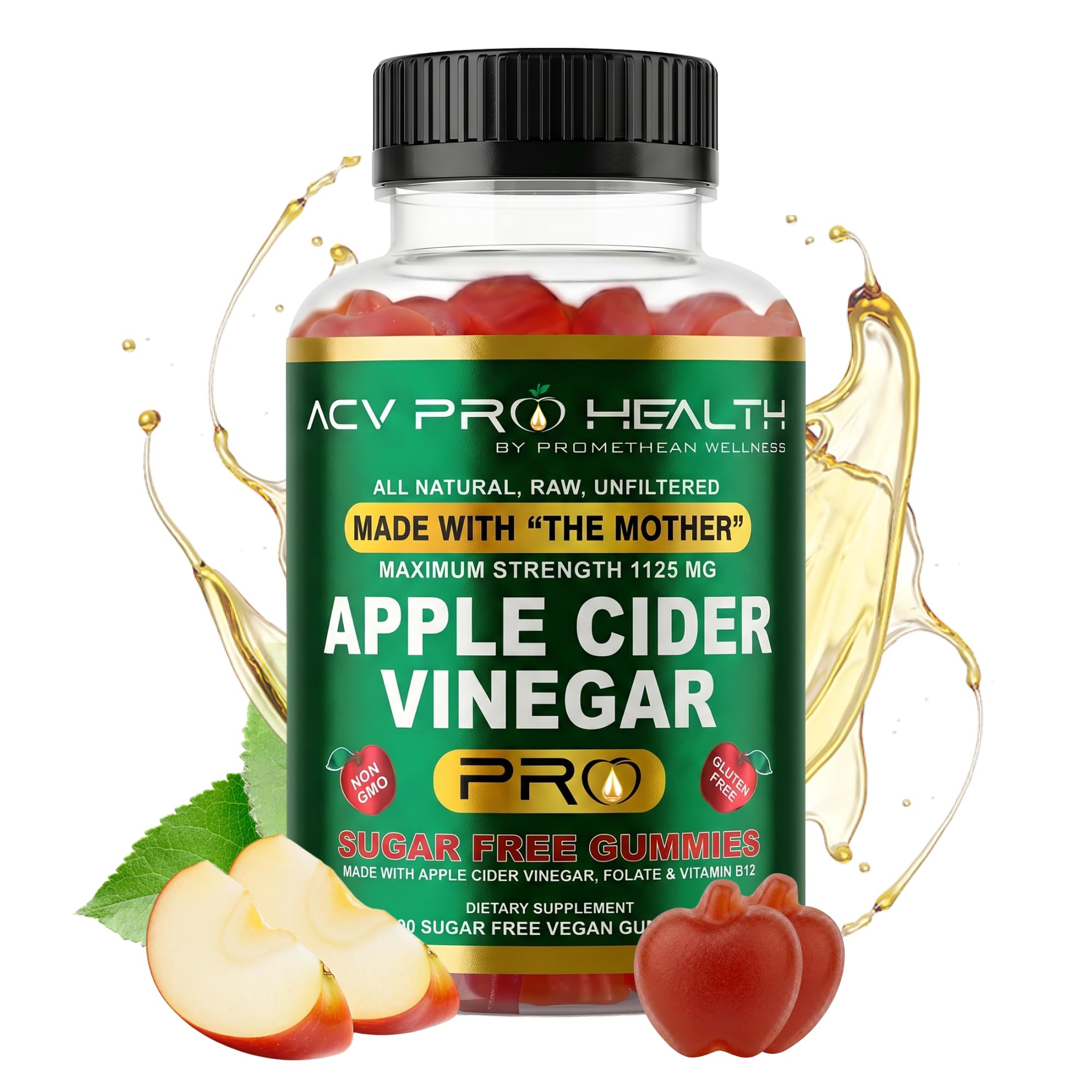 Promethean Wellness Gomas de Vinagre de Maçã com Folato e Vitamina B12 1125 mg, 90 gomas