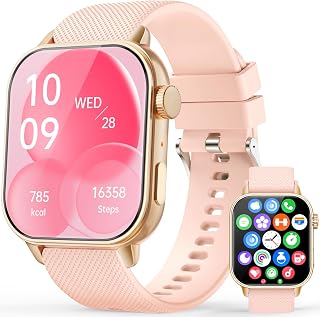 Smart Watches for Men Women, 1.85'' AMOLED HD Fitness Tracker with 100+ Sports Modes, Smartwatches with Bluetooth Call/Heart Rate/Sleep Monitor/Pedometer, IP68 Waterproof Watch for Swimming, Gold