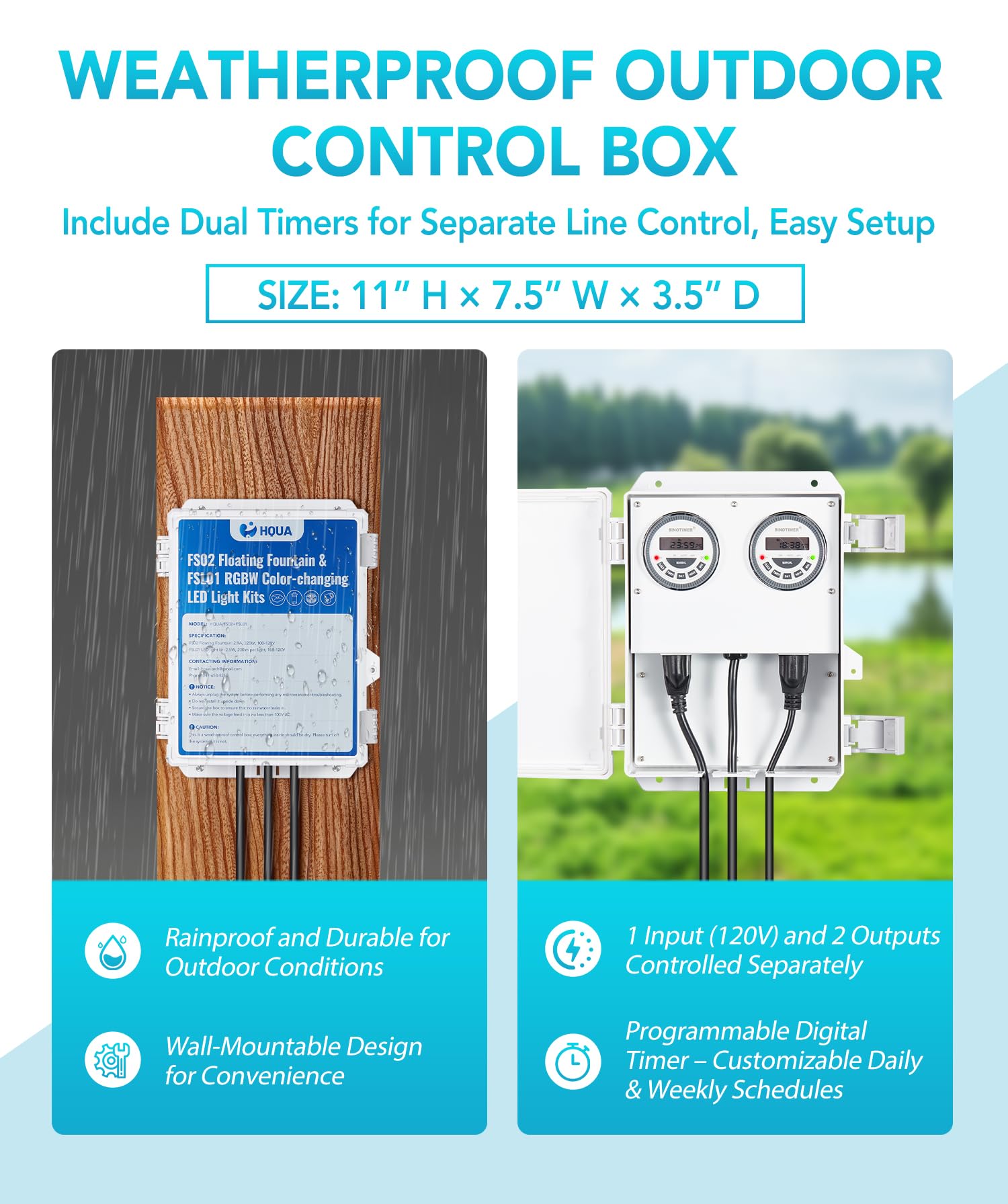 HQUA FS02 120V, 1/4HP, Large Pond Floating Fountain with FSL01 LED RGB Color-Changing Light Sets, 100’ Cord, 9000 GPH, Two Spray Patterns 25'×6' and 13'×4' - image 4