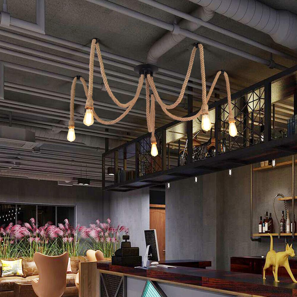 MAXDUYU Lampadario a Sospensione Industriale,5 Teste, Corda di Canapa E27 per Soggiorno,Cucina,Sala da Pranzo,Bar,Caffè, Ristorante