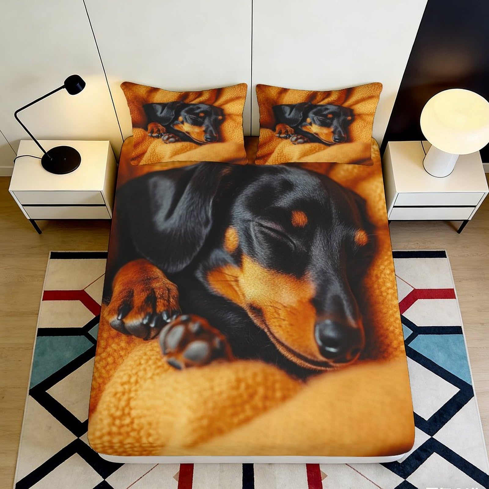 Dhbaneiok Style-10 3D Printed Dachshund Dog Fitted Sheet Microfiber Orange Bed Cover For Bedroom Guest Room Machine Washable Decor 90X200x25cm